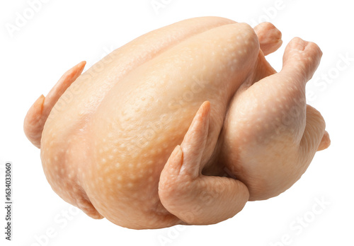 Whole uncooked plucked chicken with visible skin texture on transparent background.