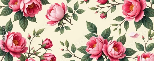 Wallpaper Mural Artistic vintage floral repeat with delicate roses and peonies, cream, delicate, scroll Torontodigital.ca