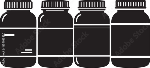 Four identical black bottles with white labels in a row silhouette