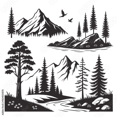 Mountain and forest landscape silhouette SVG bundle featuring 20 nature-themed vector designs with pine trees, trails, peaks, and sunrise elements for crafting and cutting machines

