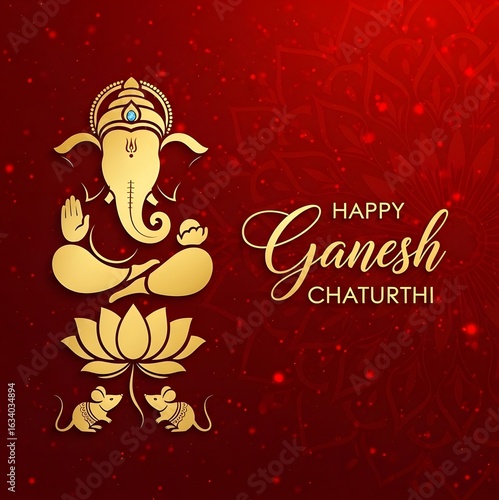 Golden illustration of lord ganesh with lotus flower and two mice on a red background celebrating chaturthi