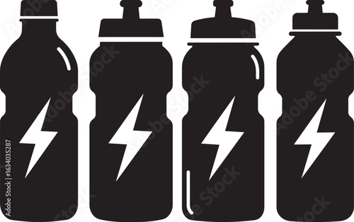 Four black silhouette sports water bottles with lightning bolt symbols silhouette