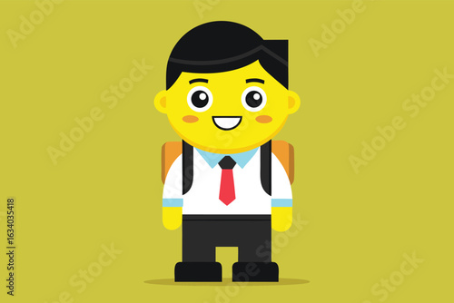 Bright yellow cartoon illustration of a cheerful student wearing a tie and backpack, symbolizing education, youth, and enthusiasm.