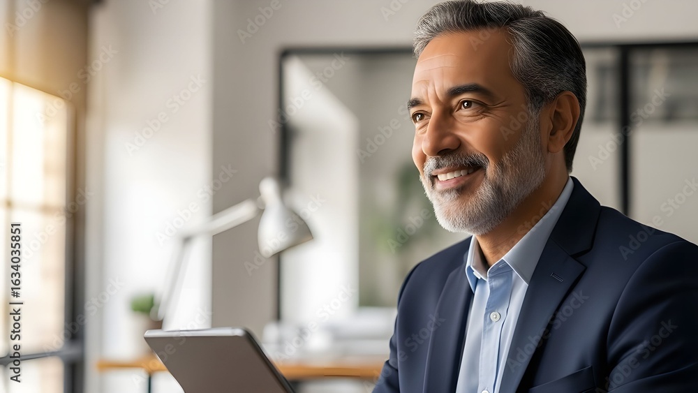 Obraz premium Smiling Mature Latin Businessman with Copy Space – Confident CEO in Office 