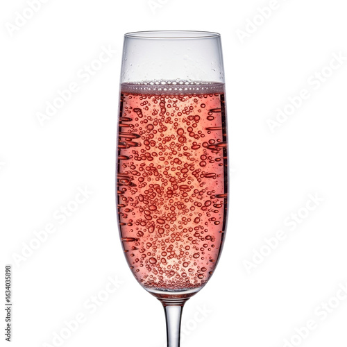 Elegant crystal champagne flute, sparkling salmon-pink rosé, rising pink bubbles, fine foam, isolated high-key studio background, macro close-up, concept of celebration and luxury