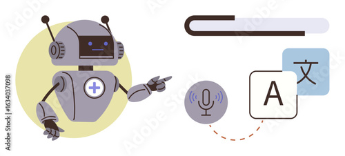 Robot pointing toward voice microphone, language characters, and input bar emphasizing AI language processing. Ideal for machine learning, translation, technology, communication, AI, voice