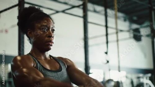 Focused athlete powerfully swings kettlebell during intense gym workout session