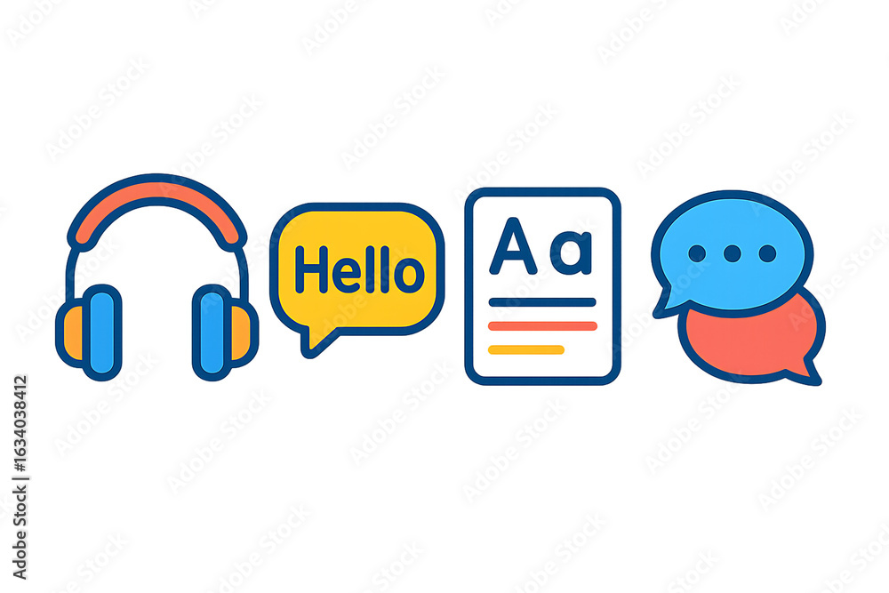 Fototapeta premium Colorful communication and learning icons representing online education concepts and tools