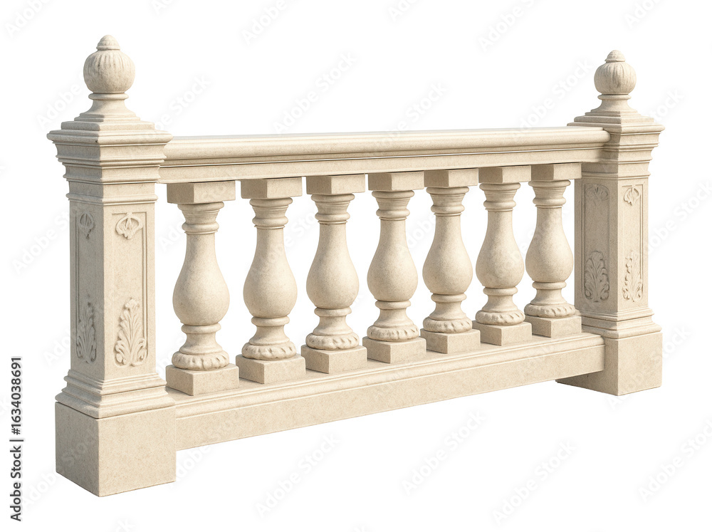 Fototapeta premium Elegant stone balustrade with decorative pillars and detailed carvings on transparent background.