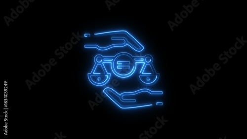 Blue Neon Scales of Justice Symbol Held by Hands on Black Background legal equality