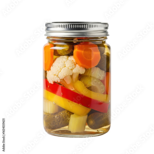 Small transparent glass jar, silver lid, filled with vibrant giardiniera (carrot, cauliflower, bell pepper, celery, gherkins) in brine, on white studio background, appetizing gourmet food concept