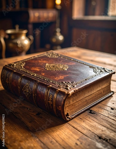 Ornate, antique book rests on aged wooden table in dimly lit study