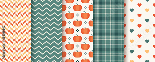 Autumn seamless backgrounds. Pattern in fall design. Set autumnal prints with pumpkins, zigzag, check, herring bone. Seasonal geometric textures. Harvest wallpapers. Vector illustration.