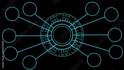 Futuristic Digital Interface with Cyan Circular Elements and Connecting Lines on Black Background
