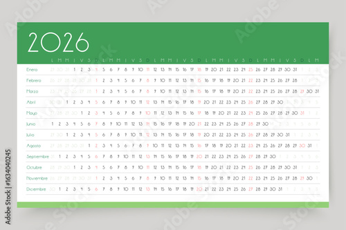 Spanish 2026 calendar. Linear planner for year. Horizontal calender template. Yearly table schedule grid. Week starts Monday. Desk timetable with 12 months. Landscape orientation. Vector illustration.