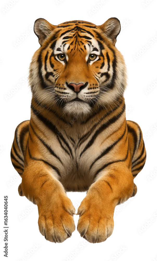Fototapeta premium Majestic adult tiger lying down, showcasing its striking orange and black striped coat and intense gaze on transparent background.