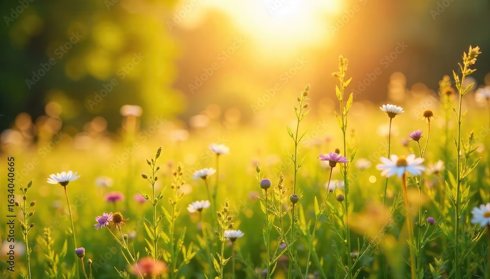 Fototapeta premium Golden sunlight bathes a vibrant summer field, wildflowers swaying gently in the breeze A tranquil scene of nature's beauty, perfect for idyllic backgrounds or summer themes , hay, flowers