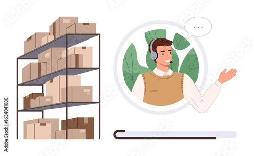Shelves filled with packed boxes alongside a smiling customer support representative wearing a headset. Ideal for customer service, logistics, e-commerce, order management, supply chain, teamwork