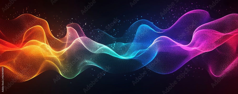 Obraz premium Abstract background featuring vibrant, psychedelic grainy gradient color waves on a black backdrop, evoking retro styles from the 70s, 80s, and 90s, perfect for music and party themes, Generative AI