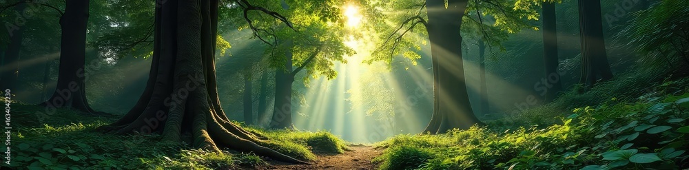 Obraz premium Majestic ancient forest trees stand tall, sunlight dappling through leaves creating a magical atmosphere Perfect for nature, ecology, and environmental themes , habitat, organic, woodland