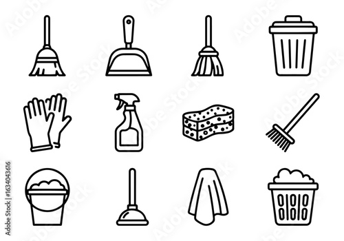 Cleaning Tools Vector Icon Set | Adjustable Line Weight | Broom, gloves, sponge, bucket, trash, spray, mop, plunger, duster icons