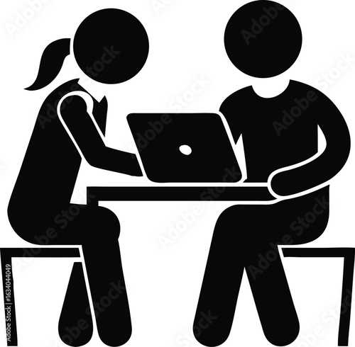 Two people working together black and white vector icon