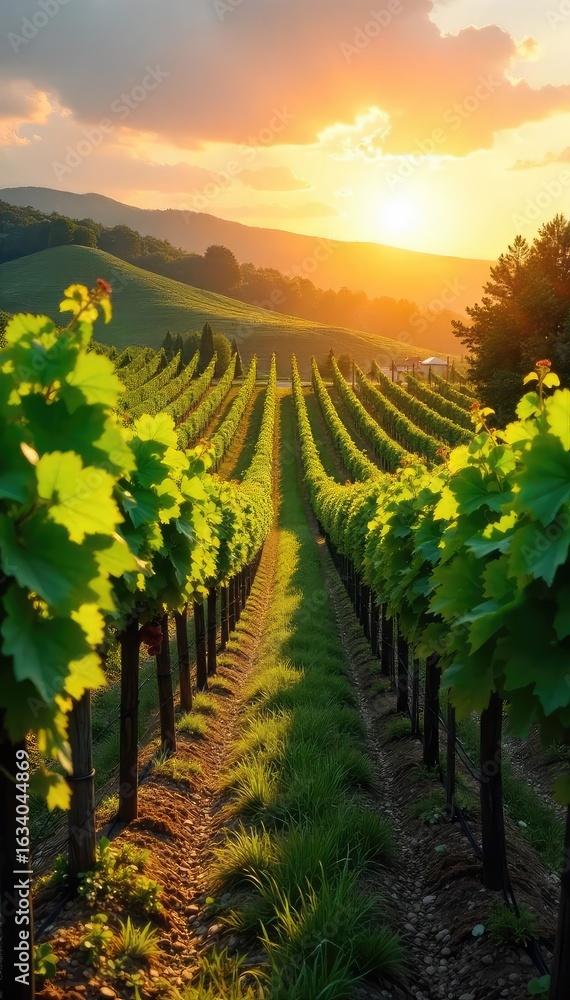 Fototapeta premium Sun-drenched rows of grapevines stretching across a rolling hillside, lush green leaves and ripening fruit ready for harvest A picturesque vineyard landscape at golden hour , rows, sunshine