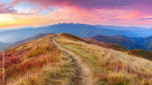 Fototapeta Naklejka Na Ścianę i Meble -  Mountain trail leading along the mountain ridge of beautiful mountains with autumn grass and colorful sky. 