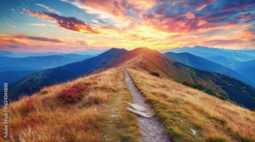 Fototapeta Naklejka Na Ścianę i Meble -  Mountain trail leading along the mountain ridge of beautiful mountains with autumn grass and colorful sky. 