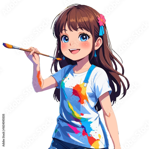 A cheerful cartoon girl with brown hair and blue eyes holds a paintbrush, her white t-shirt splattered with colorful paint.