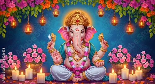 Illustration of lord ganesha with flowers, lanterns, and candles in a serene and colorful setting