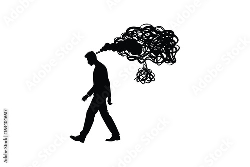 professional high quality Man Walking Away from a Tangled Web of Thoughts in His Head Represented as a Silhouette with a Tangled Rope in His Head
