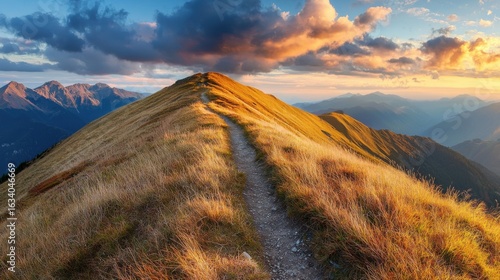 Fototapeta Naklejka Na Ścianę i Meble -  Mountain trail leading along the mountain ridge of beautiful mountains with autumn grass and colorful sky. 