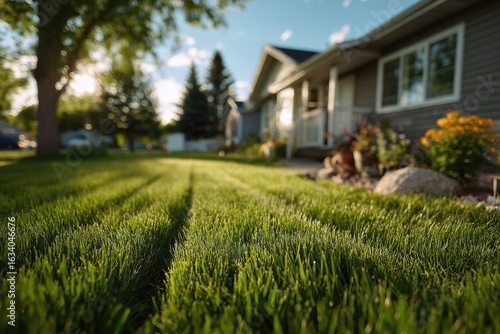 Wallpaper Mural Freshly mowed grass showcases vibrant flowers and a warm home, bathed in the soft glow of evening sunlight Torontodigital.ca