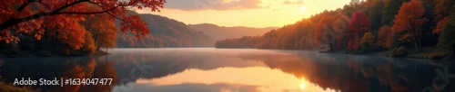 Serene autumn lake, twilight hues  Golden leaves, glassy water , lake,  nature