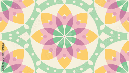 Pastel colored floral kaleidoscope pattern with overlapping shapes and circular accents creating symmetry