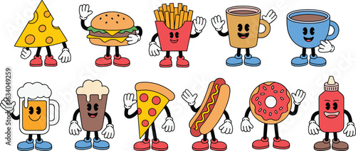 Cartoon food characters, anthropomorphic drinks, smiling faces, waving hands, fun design, vector clipart, playful illustration