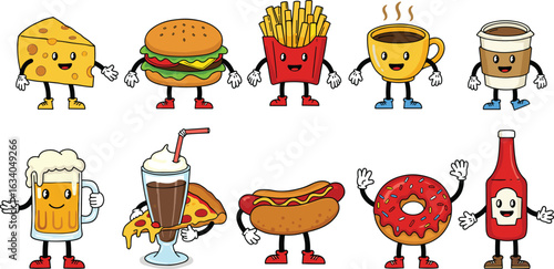 Cartoon food characters, anthropomorphic drinks, smiling faces, fun design, vector clipart, playful illustration, animated snacks