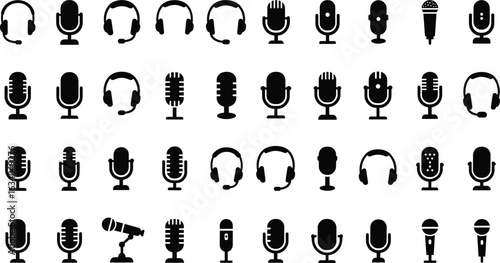 Large collection of diverse microphone and headphone icons, a versatile set for audio, podcast, and communication concepts, flat vector illustration.