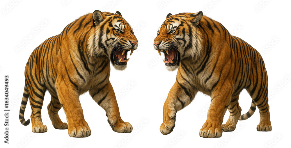 Naklejka premium Two fierce tigers with open mouths face each other, showcasing their sharp teeth and powerful stance on transparent background.