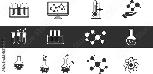 Collection of chemical and science icons, a versatile set for laboratory, research, and education concepts, flat vector illustration on a white background.