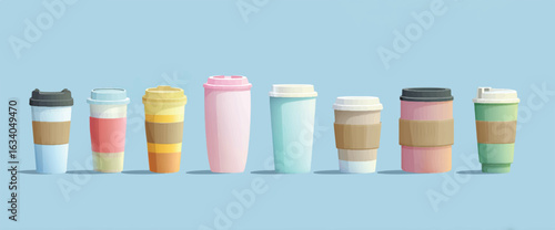 Collection of colorful coffee cups in a row on a light blue background great for cafeteria cafe or coffee shop advertising