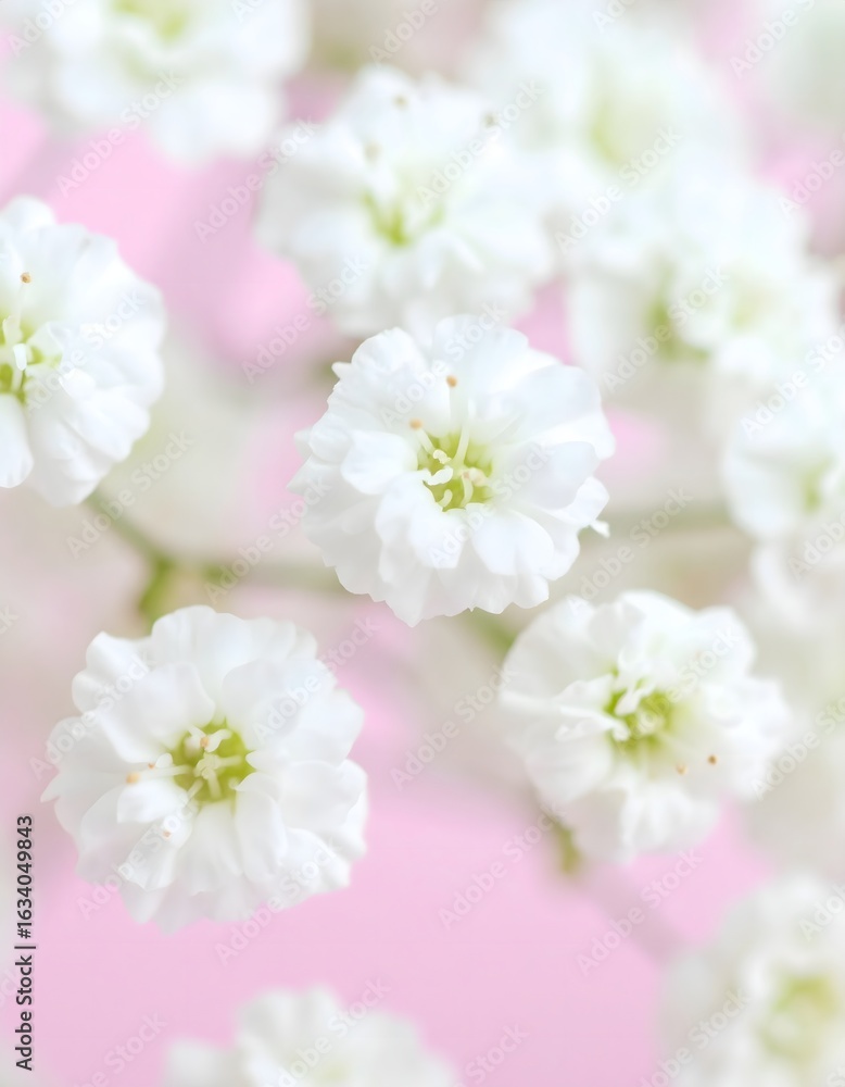 Fototapeta premium Delicate Baby’s Breath Flowers on Soft Pink Background – floral macro for greeting cards, romantic design, spring content