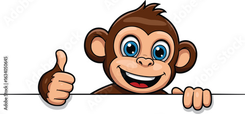 Cartoon monkey thumbs up, cute animal character, positive gesture, happy monkey illustration, vector clipart, isolated