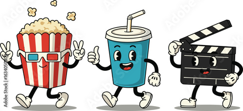 Cartoon movie characters, popcorn bucket, soda cup, clapperboard, cinema icons, fun illustration, vector, entertainment theme