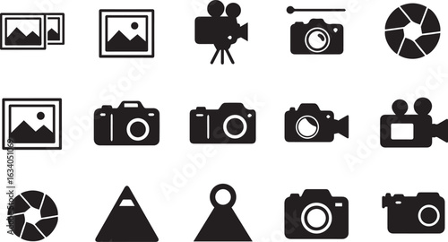 Collection of photography and videography icons including cameras aperture and framed pictures Keywords: camera icon, video camera icon, aperture icon, picture frame icon, photography, videography