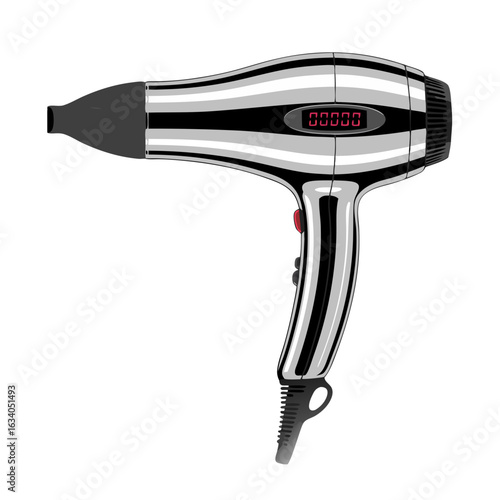 Professional hair dryer with digital display on transparent background
