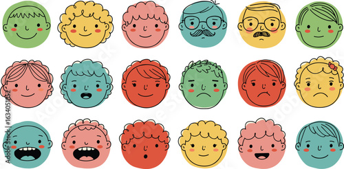 Colorful illustrated faces, emotional expressions, cartoon emotions grid, happy, sad, surprised, angry, diverse characters
