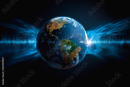 Earth with Blue Sound Waves on a Black Background Representing Global Communication and Technology Flow