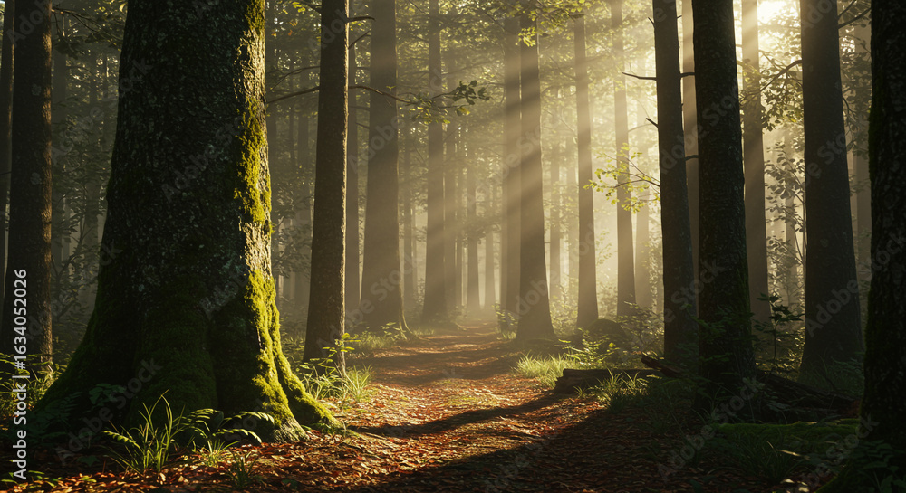 Fototapeta premium Enchanted Forest Path in Morning Mist